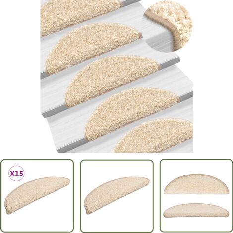 The Living Store Tapis d'escalier 15 pcs crème 56x17x3 cm - Tapis D'escalier - Protection Escalier - Tapis Marche - Tapis Antidérapant - Tapis Lavable