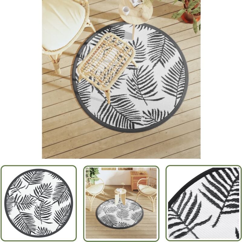 The Living Store Tapis d'extérieur ARAKIL blanc et noir Ø120 cm PP - Tapis Exterieur - Tapis De Jardin - Tapis Rond - Tapis Design - Décoration