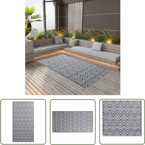 The Living Store Tapis d'extérieur ARAKIL Blanc et noir 160x230 cm PP - Tapis Exterieur - Tapis De Terrasse - Tapis De Balcon - Décoration Extérieure - Motif Jacquard