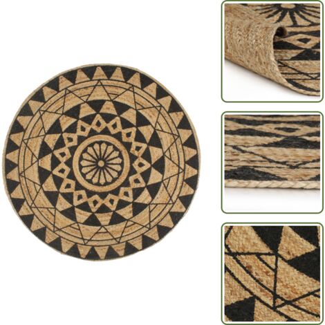 The Living Store Tappeto Lavorato a Mano in Juta con Stampa Nera 150 cm - Tappeto a mano