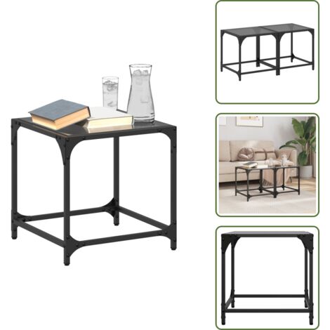 The Living Store Tavolini da Salotto con Piano Vetro Nero 2pz 40x40x40cm Acciaio - Tavolino in vetro