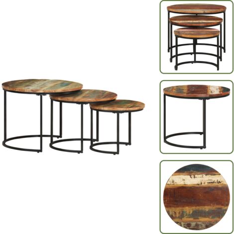 The Living Store Tavolini Impilabili 3 pz in Legno Massello di Recupero - Tavoli in legno