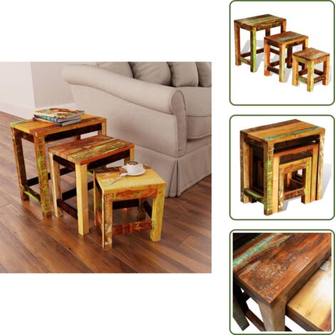 The Living Store Tavolini Impilabili Set 3 pz in Legno Vintage di Recupero - Tavoli in legno