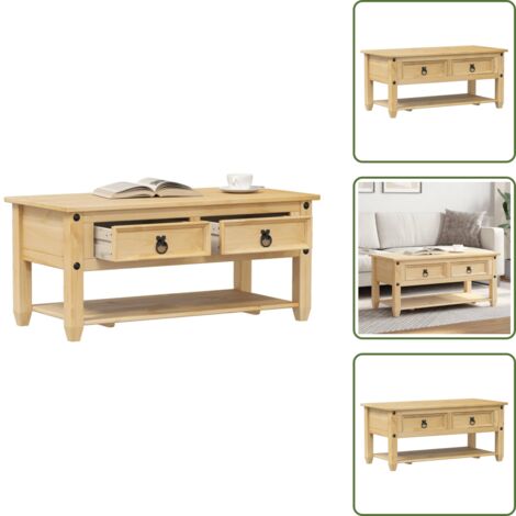 The Living Store Tavolino con Cassetti Corona 100x48x45cm Legno Massello di Pino - Tavolino con cassetti