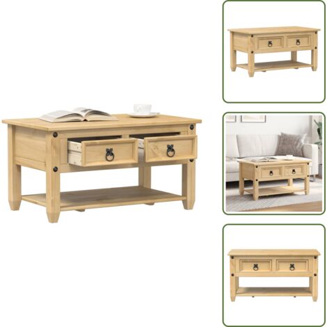 The Living Store Tavolino con Cassetti Corona 85x50x45 cm Legno Massello di Pino - Tavolino in legno massello
