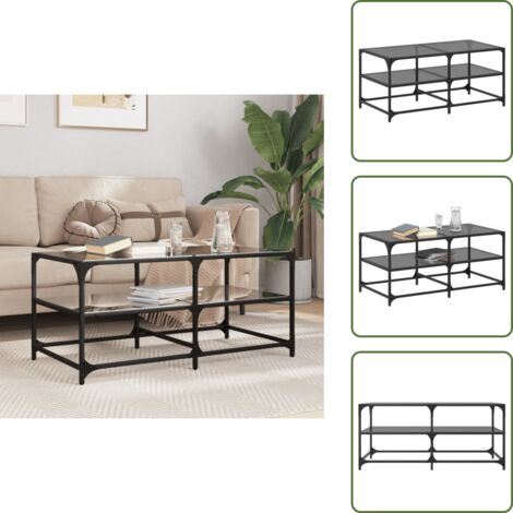 The Living Store Tavolino con Piano in Vetro Nero 98,5x50x45 cm Acciaio - Tavolino in vetro