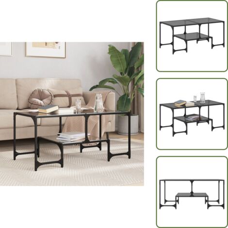 The Living Store Tavolino con Piano in Vetro Nero 98,5x50x45 cm Acciaio - Tavolino in vetro