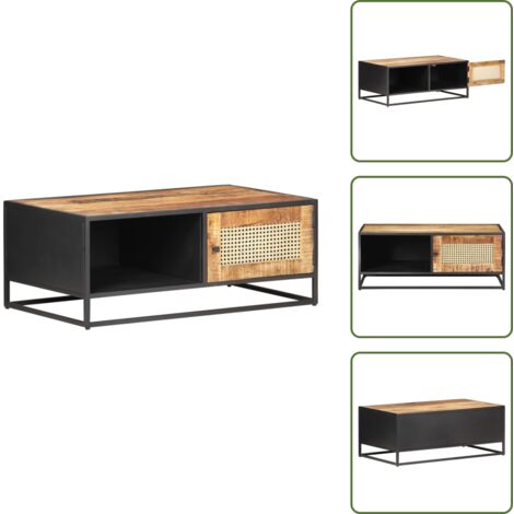 The Living Store Tavolino da Salotto 90x50x35 cm Legno di Mango Grezzo e Canna - Tavolino rustico