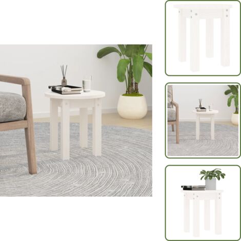 The Living Store Tavolino da Salotto Bianco Ø 35x35 cm in Legno Massello di Pino - Tavolino in legno massello