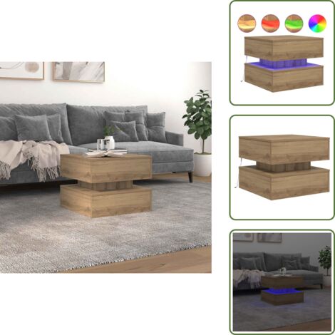 The Living Store Tavolino da Salotto con Luci LED Rovere Artigianale 50x50x40 cm - Luci LED RGB