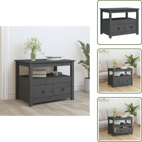 The Living Store Tavolino da Salotto Grigio 71x49x55cm in Legno Massello di Pino - Tavolino in pino