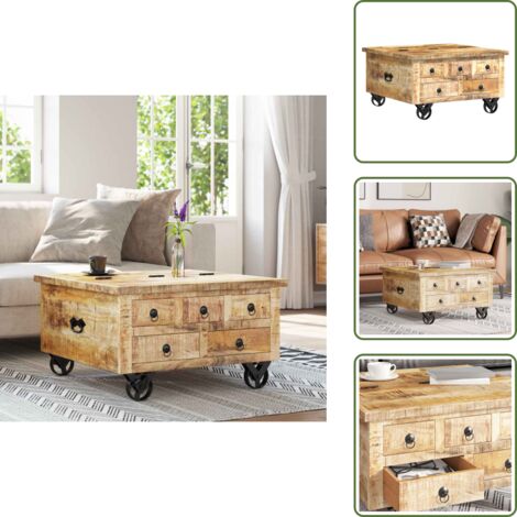 The Living Store Tavolino da Salotto in Legno di Mango Grezzo 70x70x40 cm - Tavolino in legno mango grezzo