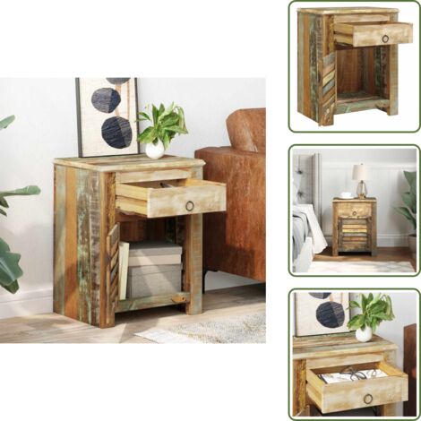The Living Store Tavolino Laterale con 1 Cassetto e 1 Anta in Legno di Recupero - Tavolino con cassetto