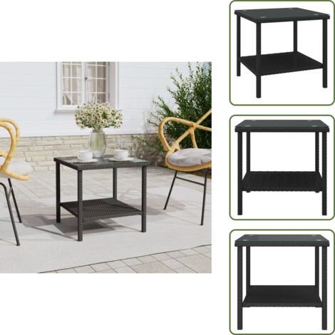 The Living Store Tavolino Nero 45x45x45 cm Polyrattan e Vetro Temperato - Tavolino nero