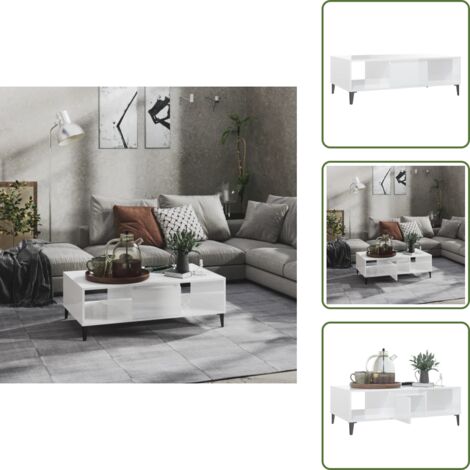 The Living Store Tavolino Salotto Bianco Lucido 103,5x60x35 cm Legno Multistrato - Tavolino da soggiorno