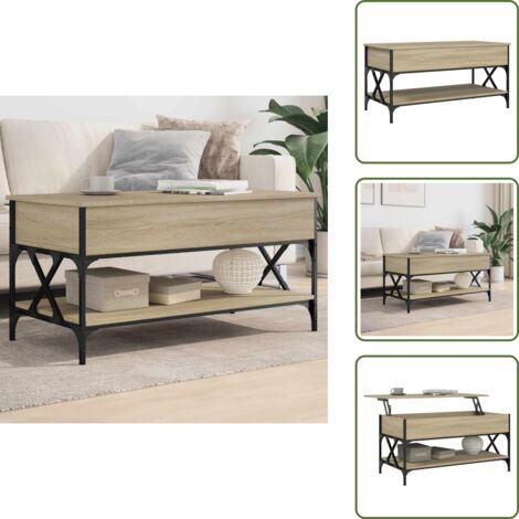 The Living Store Tavolino Salotto Rovere Sonoma 100x50x50 cm Multistrato Metallo - Tavolino in legno