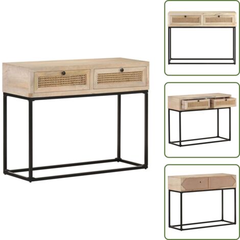 The Living Store Tavolo Consolle 100x35x76 cm Massello di Mango e Canna Naturale - Tavolo per ingresso
