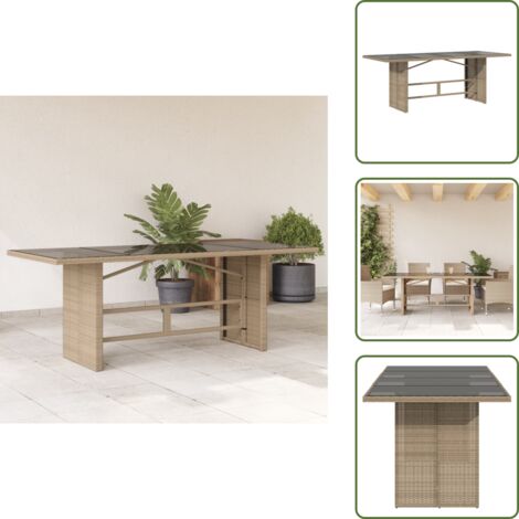The Living Store Tavolo da Giardino con Piano Vetro Beige 190x80x74cm Polyrattan - Piano in vetro