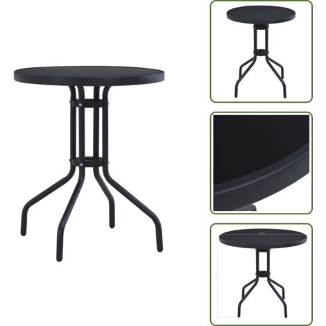 The Living Store Tavolo da Giardino Nero 80 cm in Acciaio e Vetro - Tavolo rotondo