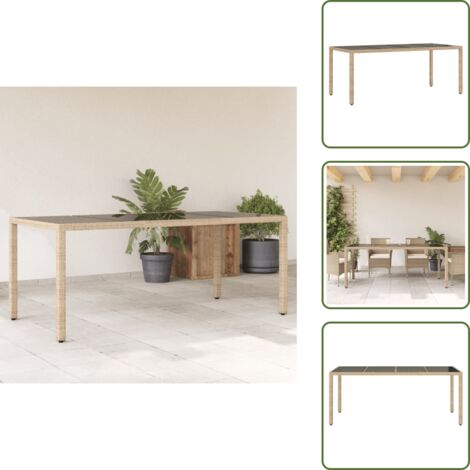 The Living Store Tavolo da Giardino Piano in Vetro Beige 190x90x75 cm Polyrattan - Tavolo da giardino piano