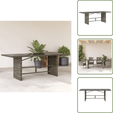 The Living Store Tavolo da Giardino Piano in Vetro Grigio 190x80x75cm Polyrattan - Tavolo da giardino in rattan