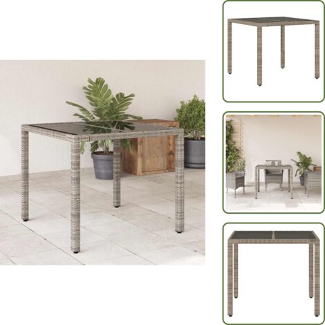 The Living Store Tavolo da Giardino Piano in Vetro Grigio 90x90x75 cm Polyrattan - Tavolo da giardino piano