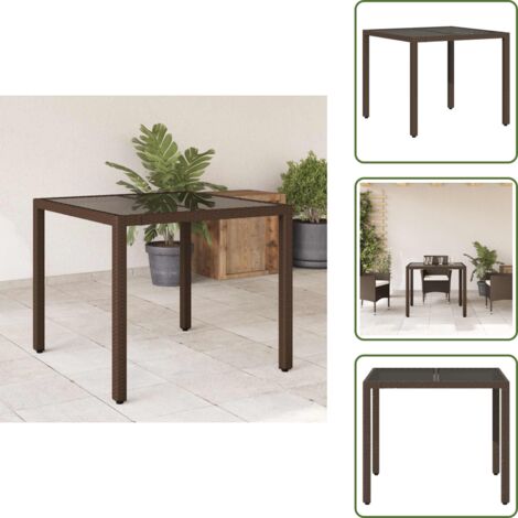 The Living Store Tavolo da Giardino Piano in Vetro Marrone 90x90x75cm Polyrattan - Tavolo in vetro