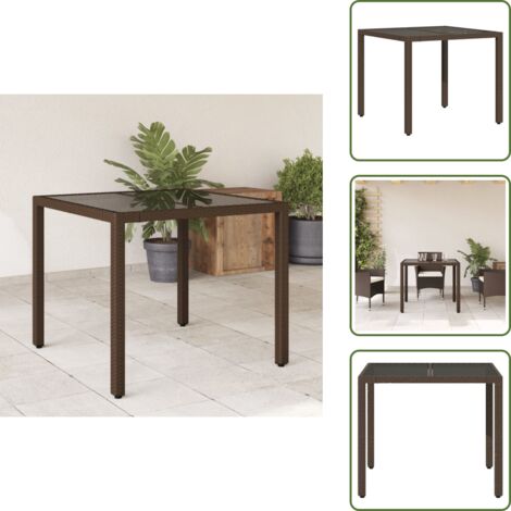 The Living Store Tavolo da Giardino Piano in Vetro Marrone 90x90x75cm Polyrattan - Tavolo in vetro