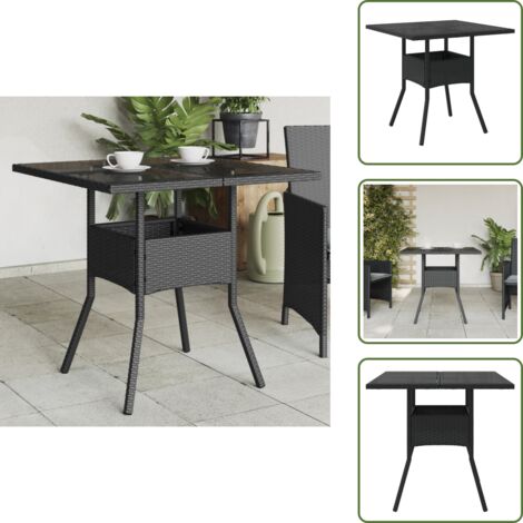 The Living Store Tavolo da Giardino Piano in Vetro Nero 80x80x75 cm Polyrattan - Tavolo da giardino nero