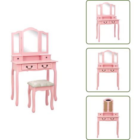 The Living Store Tavolo da Trucco con Sgabello Rosa 80x69x141 cm Legno Paulownia - Tavolo da trucco con sgabello