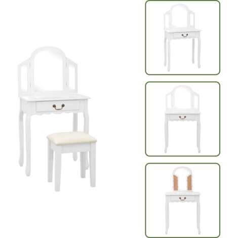 The Living Store Tavolo da Trucco e Sgabello Bianco 65x36x128 cm Paulownia e MDF - Sgabello da trucco