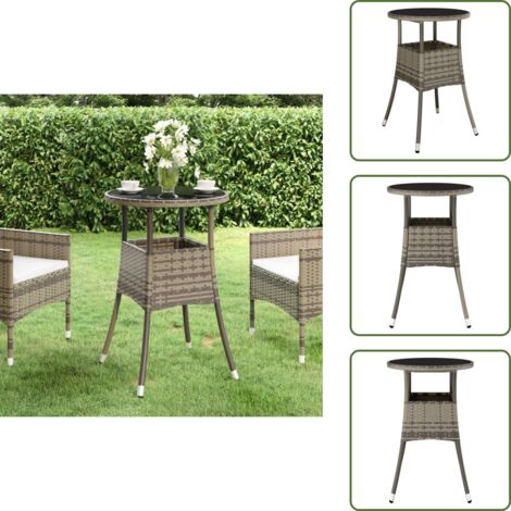 The Living Store Tavolo Giardino Ø60x75 cm Vetro Temperato e Polyrattan Grigio - Tavolo da esterno