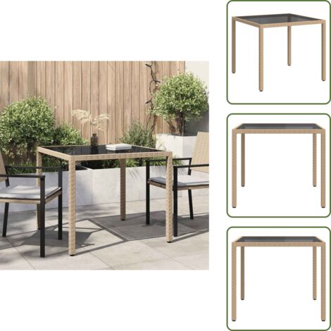 The Living Store Tavolo Giardino 90x90x75 cm Vetro Temperato e Polyrattan Beige - Vetro temperato