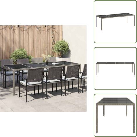 The Living Store Tavolo Giardino Grigio 250x100x75cm Vetro Temperato Polyrattan - Tavolo da esterno