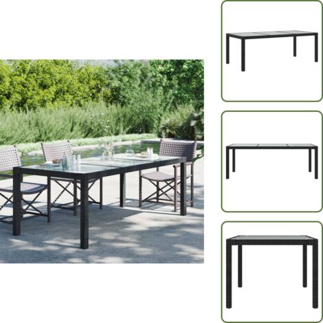 The Living Store Tavolo Giardino Nero 190x90x75 cm Vetro Temperato e Polyrattan - Tavolo esterno