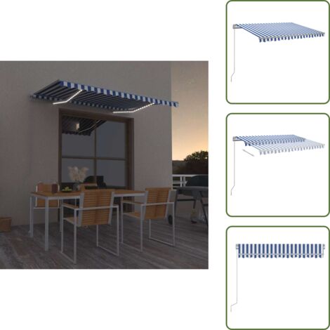 The Living Store Tenda da Sole Retrattile Manuale con LED 300x250cm Blu e Bianco - Tenda da sole esterna