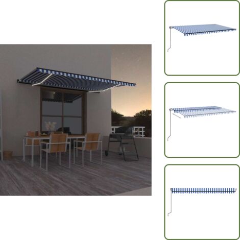 The Living Store Tenda da Sole Retrattile Manuale con LED 500x300cm Blu e Bianco - Tenda da sole esterna