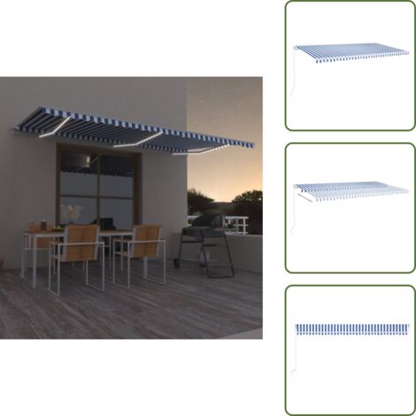 The Living Store Tenda da Sole Retrattile Manuale con LED 600x350 cm Blu Bianco - Tenda da sole retrattile