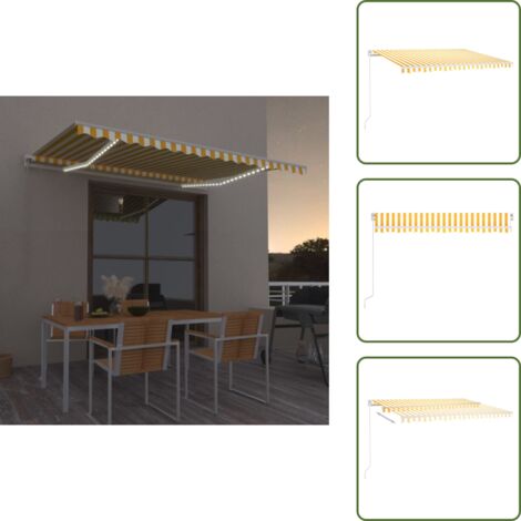 The Living Store Tenda da Sole Retrattile Manuale e LED 450x300 cm Gialla Bianca - Tenda da sole esterna