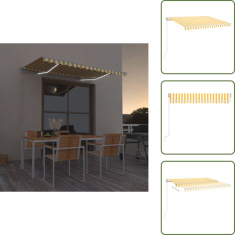 The Living Store Tenda da Sole Retrattile Manuale LED 350x250 cm Gialla e Bianca - Tenda da sole retrattile