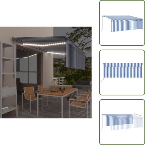 The Living Store Tenda Sole Retrattile Manuale con LED 4,5x3m Blu e Bianco - Tenda da sole retrattile