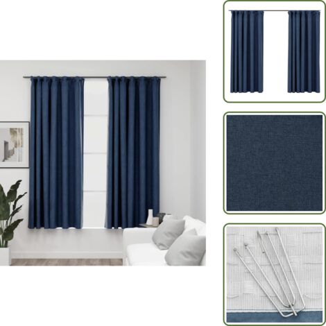 The Living Store Tende Oscuranti con Ganci Effetto Lino 2 pz Blu 140x175 cm - Tende in simil lino