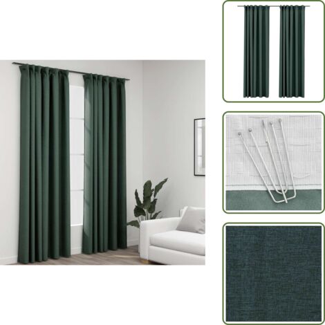 The Living Store Tende Oscuranti con Ganci Effetto Lino 2 pz Verdi 140x225 cm - Tende in simil lino