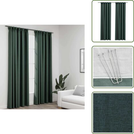 The Living Store Tende Oscuranti con Ganci Effetto Lino 2 pz Verdi 140x245 cm - Tende in simil lino