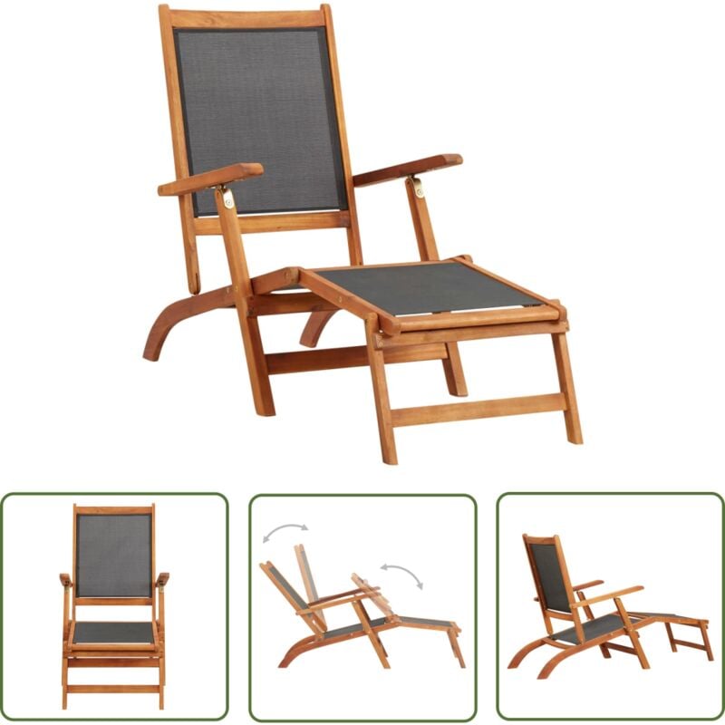 Chaise longue d'extérieur Bois d'acacia massif et textilene - Chaise Longue - Mobilier De Jardin - Transat - Jardin - Acacia - The Living Store