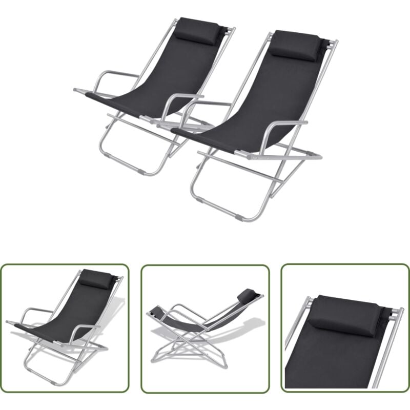The Living Store - Chaises inclinables de terrasse lot de 2 Acier Noir - Transat Pliable - Chaise Longue - Lit De Bronzage - Mobilier De Jardin