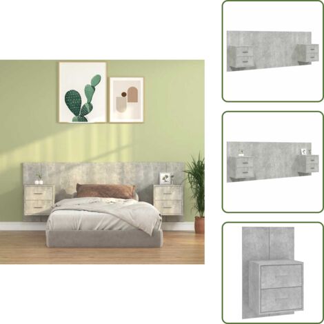 The Living Store Testiera Letto con Comodini in Legno Multistrato Grigio Cemento - Comodini