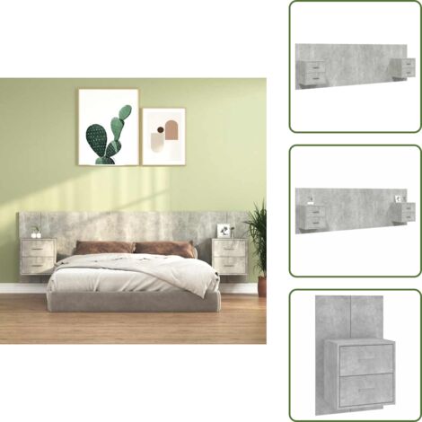 The Living Store Testiera Letto con Comodini in Legno Multistrato Grigio Cemento - Comodini