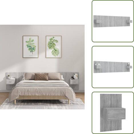 The Living Store Testiera Letto con Comodini in Legno Multistrato Grigio Sonoma - Comodini in legno