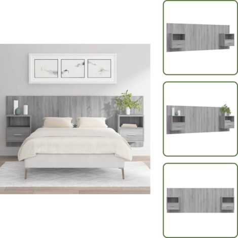 The Living Store Testiera Letto con Comodini in Legno Multistrato Grigio Sonoma - Comodini in legno